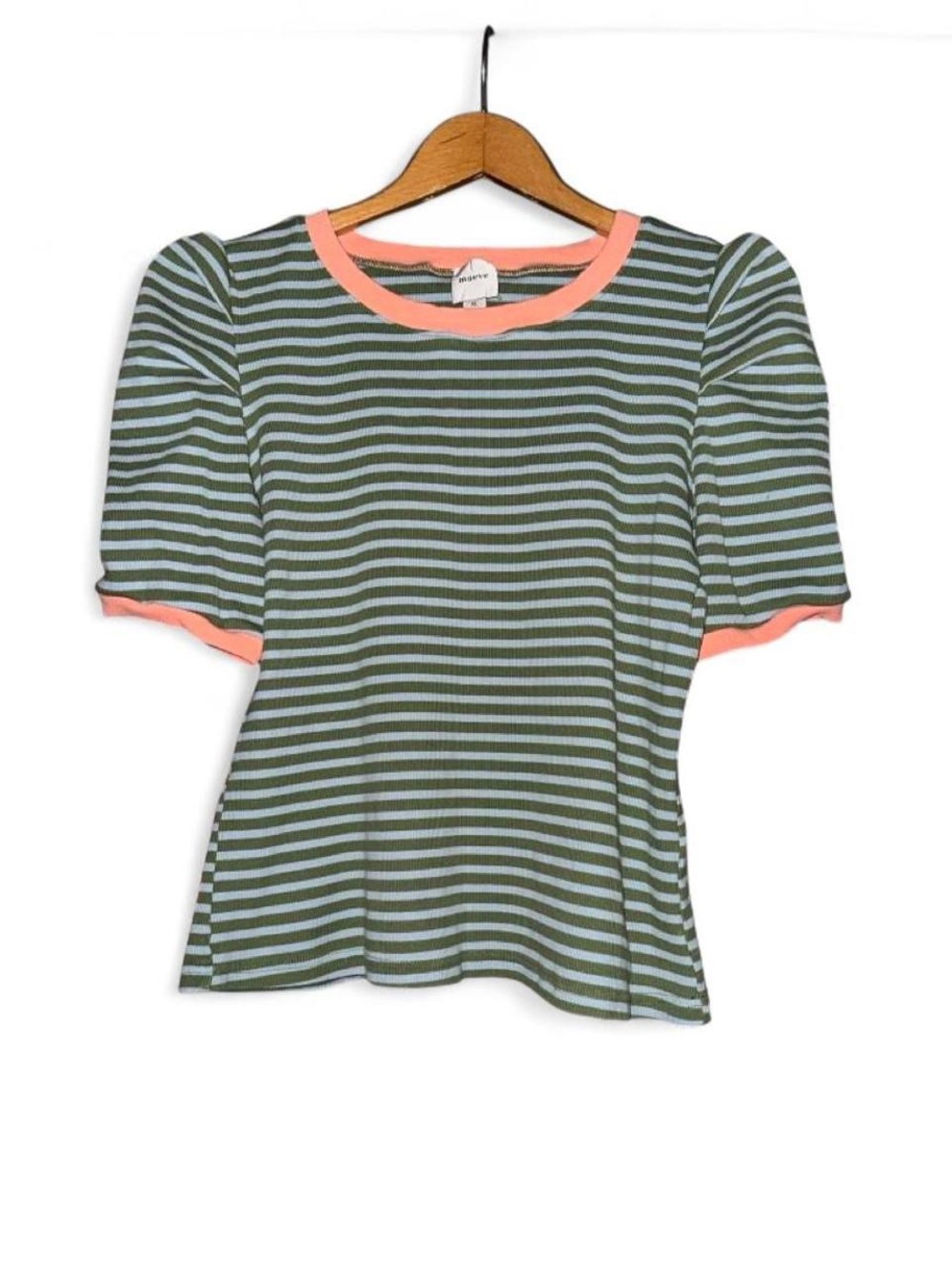 Maeve Striped T-Shirt Ribbed Puff Sleeve Contrast Colorblock Green Blue Coral XL